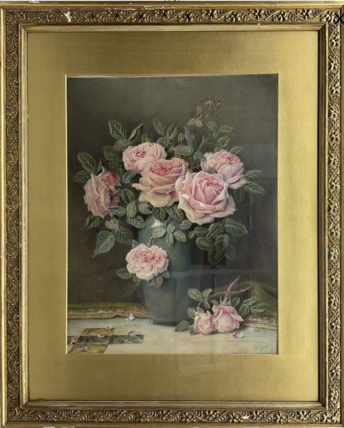 WILLIAM HOUGH WATERCOLOUR STILL LIFE OF VASES OF PINK ROSES - ADDITIONAL PHOTO 1