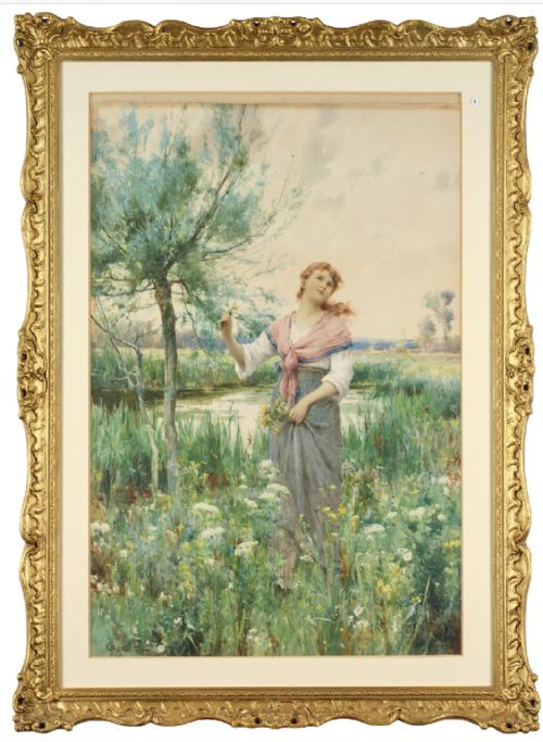 ALFRED GLENDENING JUNIOR WATERCOLOUR GIRL PICKING FLOWERS IN A RIVERSIDE MEADOW - ADDITIONAL PHOTO 1