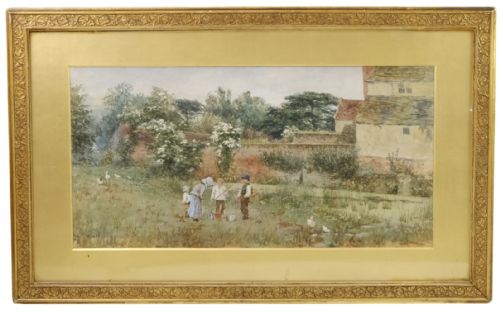 LINNIE WATT WATERCOLOUR CHILDREN BESIDE A POND - ADDITIONAL PHOTO 1