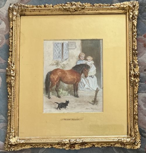 HELENA MAGUIRE WATERCOLOUR MOTHER AND CHILD WITH TETHERED PONY - ADDITIONAL PHOTO 1