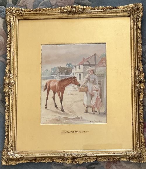 HELENA MAGUIRE WATERCOLOUR YOUNG FOAL STEALING FRUIT FROM A BASKET - ADDITIONAL PHOTO 1