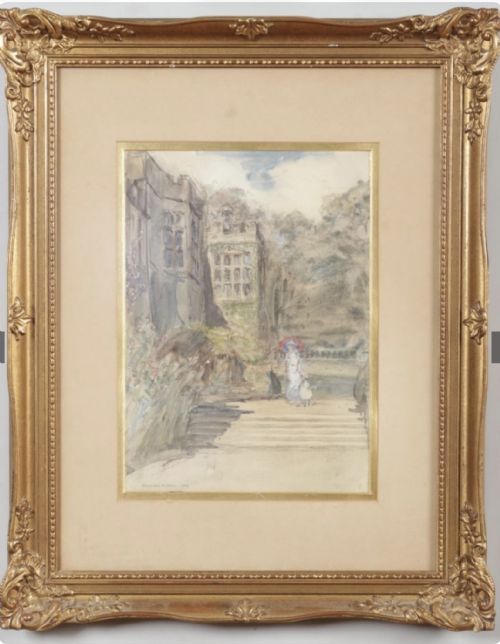 ROWLAND HENRY HILL WATERCOLOUR LADY AND CHILD OUTSIDE A COUNTRY HOUSE - ADDITIONAL PHOTO 1