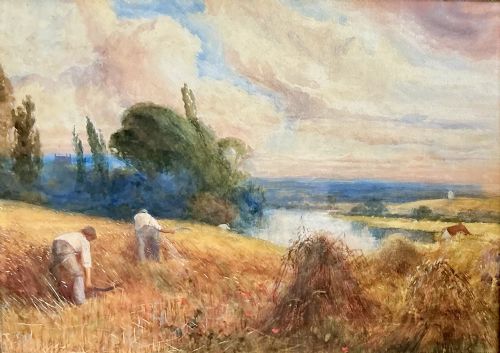FREDERICK HINES WATERCOLOUR HARVESTING BY THE RIVER