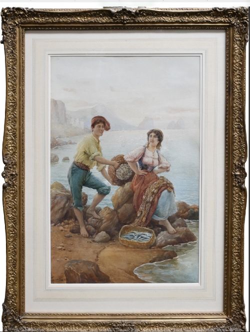 CARLO FERRANTI WATERCOLOUR NEOPOLITAN FISHERFOLK RESTING BY THE SEA - ADDITIONAL PHOTO 1