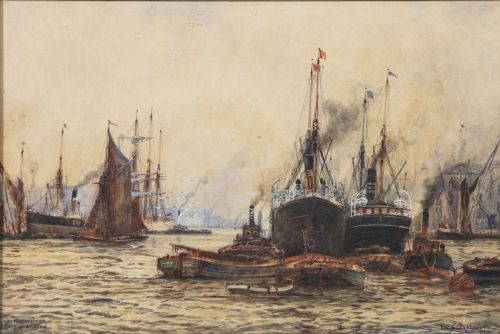 Frank William Scarbrough Watercolour’morning Port of London ‘