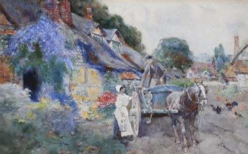 David Woodlock Watercolour ‘Figures Conversing Outside a Cottage with Horse and Cart’