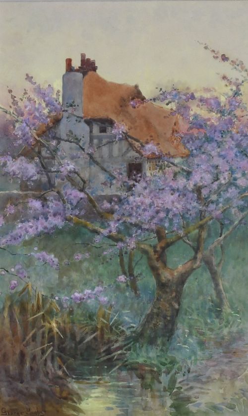 George Hughes Watercolour ‘ Blossom Trees Outside a Cottage’