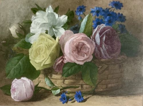Charles Henry Slater Watercolour ‘ Summer Flowers Including Roses and Azaleas in a Basket ‘