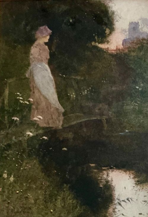 Thomas Mackay Watercolour ‘ Girl Resting on a Footbridge at Dusk ‘