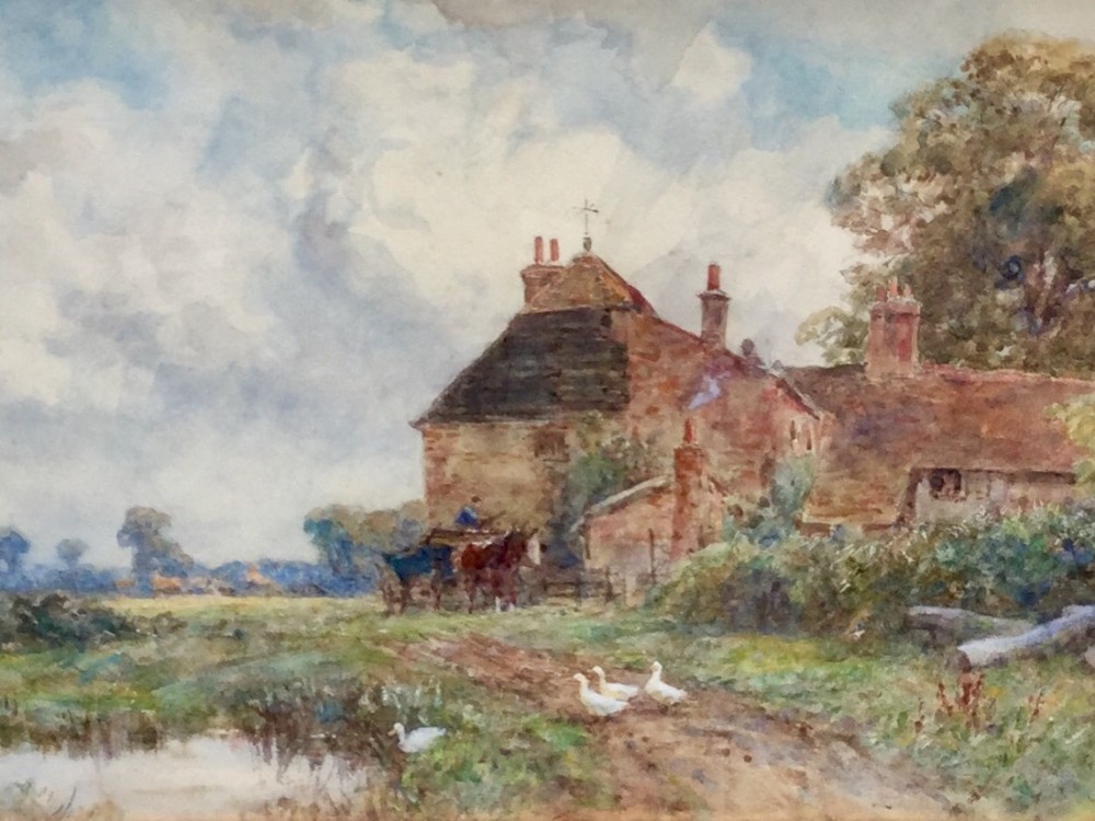 A Victorian watercolour landscape painting depicting ducks on a dirt track beside a rural brick cottage and pond under a cloudy sky.