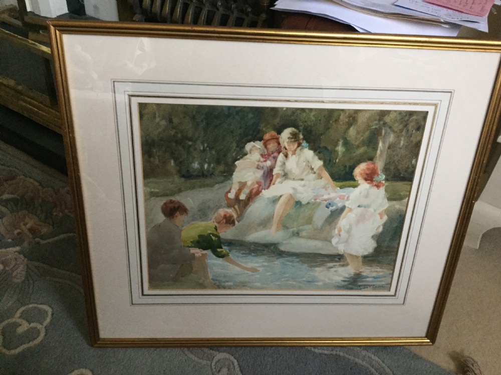 CHARLES WILIAM NORTON WATERCOLOUR ‘ CHILDREN PLAYING AT THE STREAM’ View II