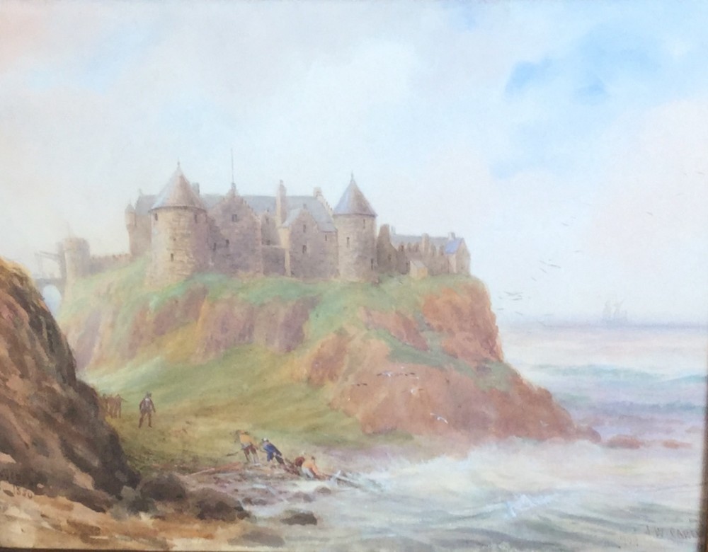 A watercolour painting by Joseph William Carey depicting Dunluce Castle perched atop a coastal cliff overlooking crashing waves and figures along the shore.