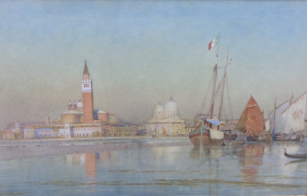 A 19th-century watercolour painting depicting the Venetian shoreline and campanile across calm lagoon water with moored sailing ships in the foreground.