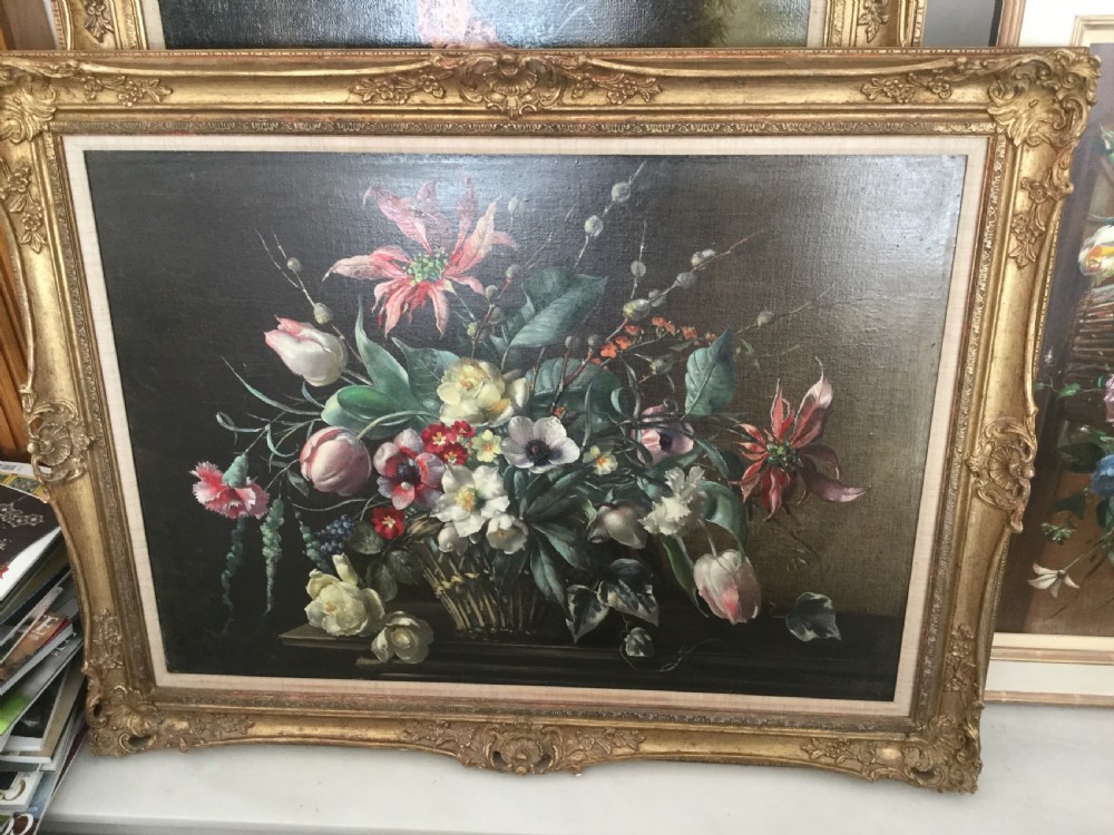 TERENCE LOUDON OIL PAINTING ‘ FLOWER ARRANGEMENT IN A WICKER BASKET’ View II
