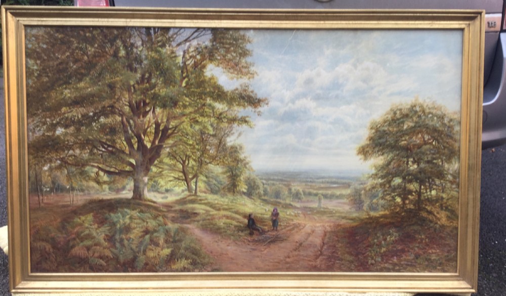 BONOMI EDWARD WARREN WATERCOLOUR ‘CHILDREN COLLECTING FIREWOOD IN AN EXTENSIVE WOODED LANDSCAPE ‘ View II
