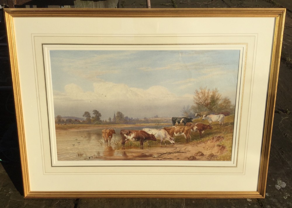 JAMES WALSHAM BALDOCK WATERCOLOUR ‘RIVER SCENE IN SUMMERTIME WITH CATTLE WATERING’ View II