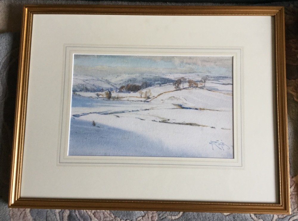 ARHUR REGINALD SMITH WATERCOLOUR ‘ SNOWY WINTER LANDSCAPE IN THE YORKSHIRE DALES WITH A FARMER AND HIS  DOG IN THE FOREGROUND ‘ View II