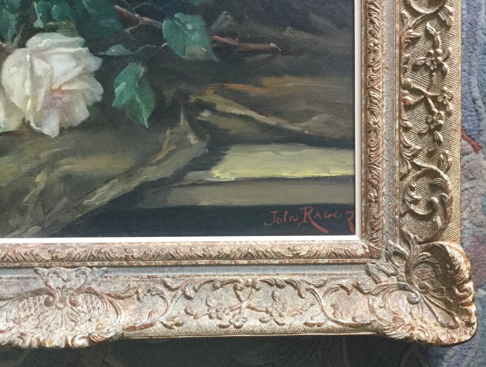 An oil painting depicting a bouquet of pink and white roses in a teal vase beside scattered crimson and cream roses on a draped surface. View III