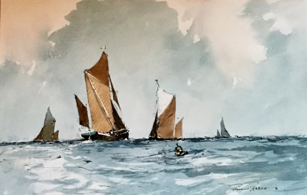 A watercolour painting depicting several sailing vessels with brown and white sails navigating a choppy grey-blue sea under an overcast sky, signed Edward Wesson.