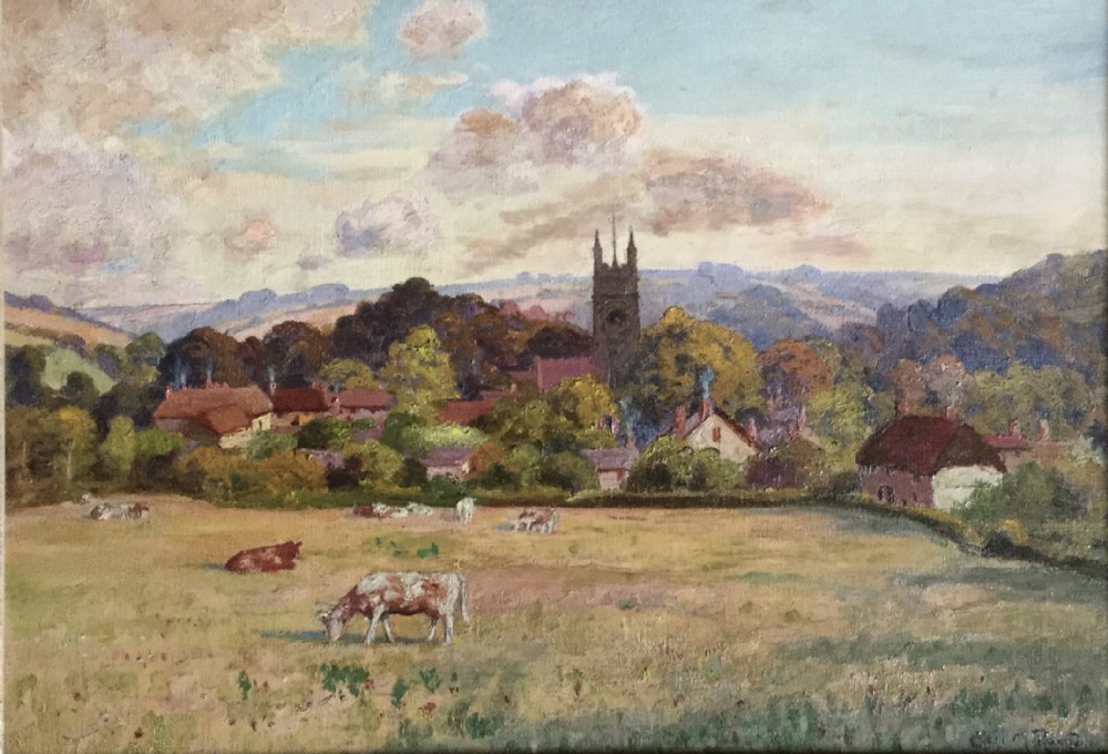 CECIL M. ROUND OIL PAINTING ‘VILLAGE LANDSCAPE WITH CATTLE IN FOREGROUND’
