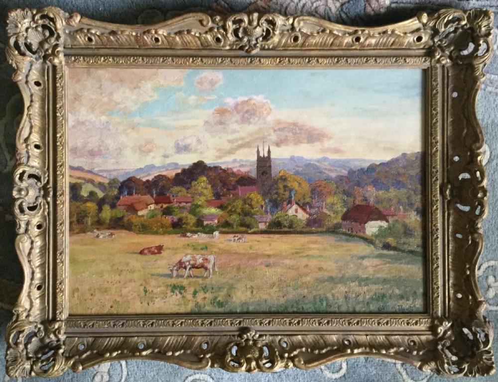 CECIL M. ROUND OIL PAINTING ‘VILLAGE LANDSCAPE WITH CATTLE IN FOREGROUND’ View II
