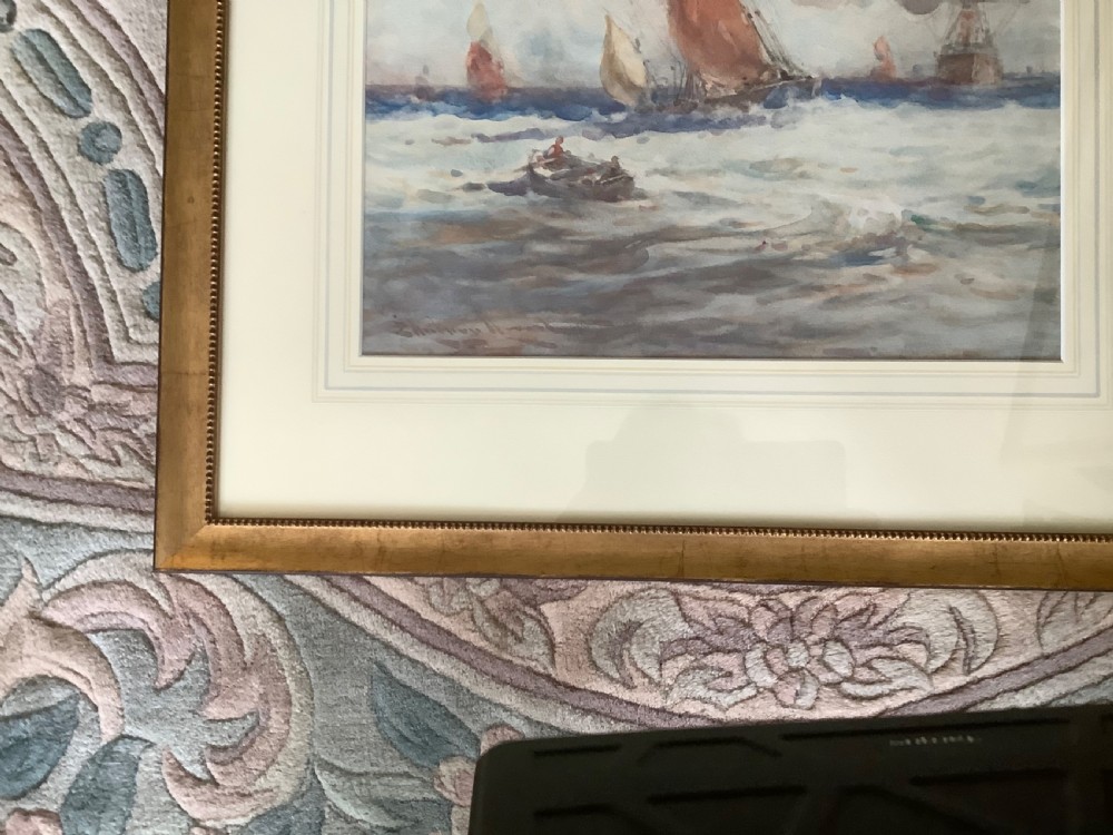 A watercolour painting depicting several sailing vessels amidst choppy sea waves under a cloudy sky. View III