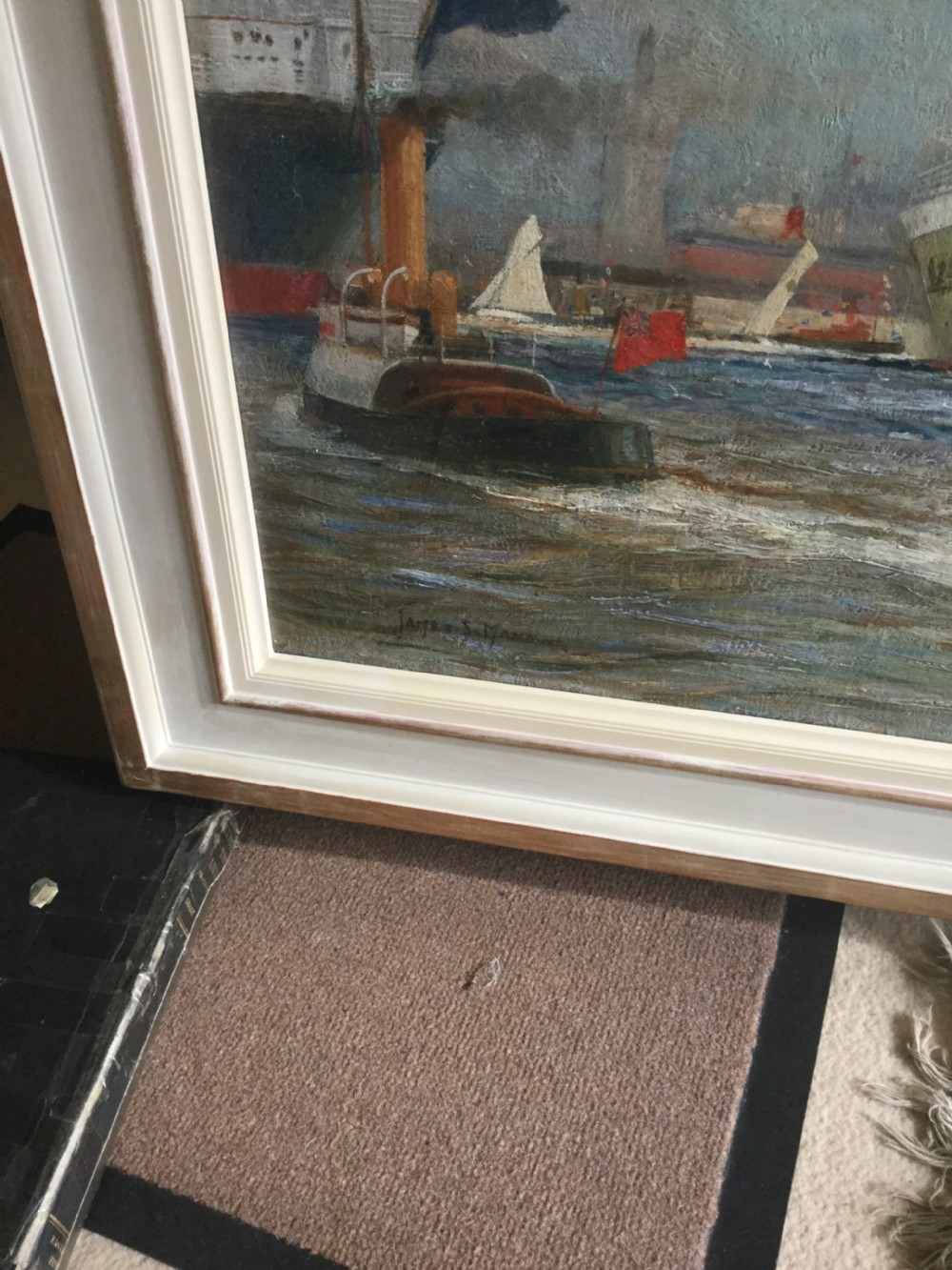 An oil painting depicting a flotilla of ocean liners and tugboats decorated with flags navigating a river under a cloudy blue sky. View VI