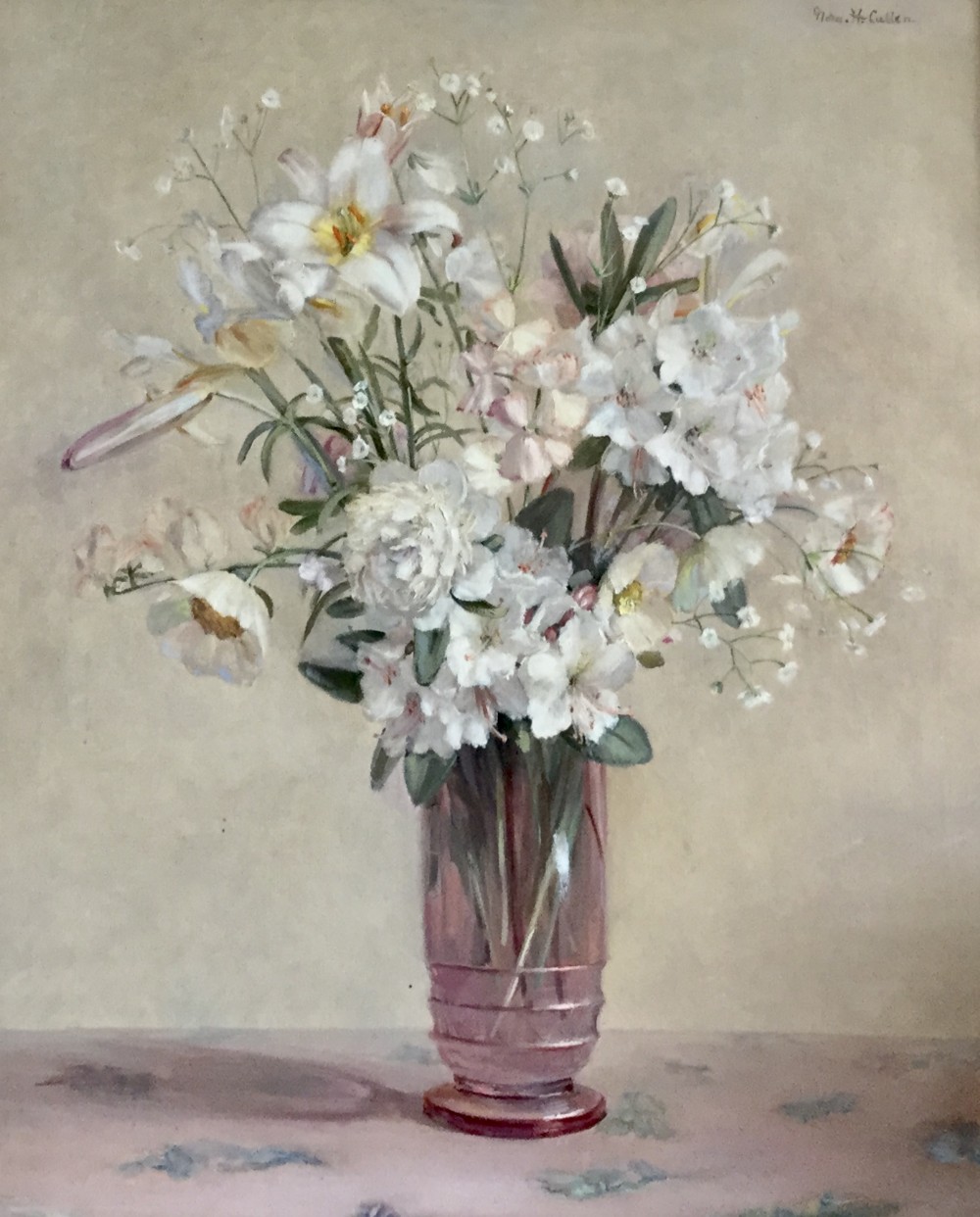 NORAH H.CULLEN OIL PAINTING ‘VASE OF WHITE FLOWERS INCLUDING LILIES,RHODODENDRON AND GYPSOPHILIA’