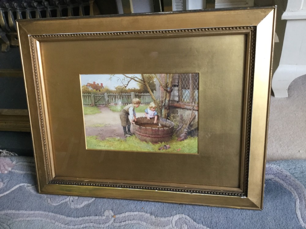 A Victorian watercolour painting by Charles Edward Wilson depicting two young children sailing a small toy boat in a water-filled wooden tub outside a cottage. View II