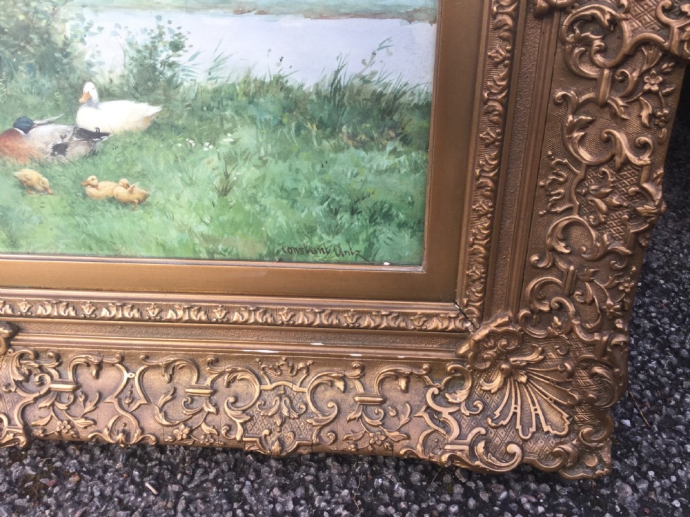 An antique watercolour painting depicting ducks and ducklings along a grassy riverbank near silver birch trees under a cloudy sky. View III