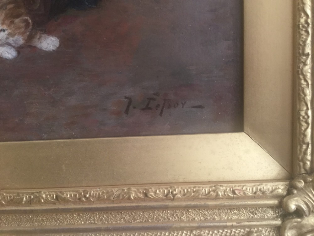 An antique 19th-century French oil painting by Jules Le Roy featuring a small dog seated in a green armchair above a group of kittens. View III