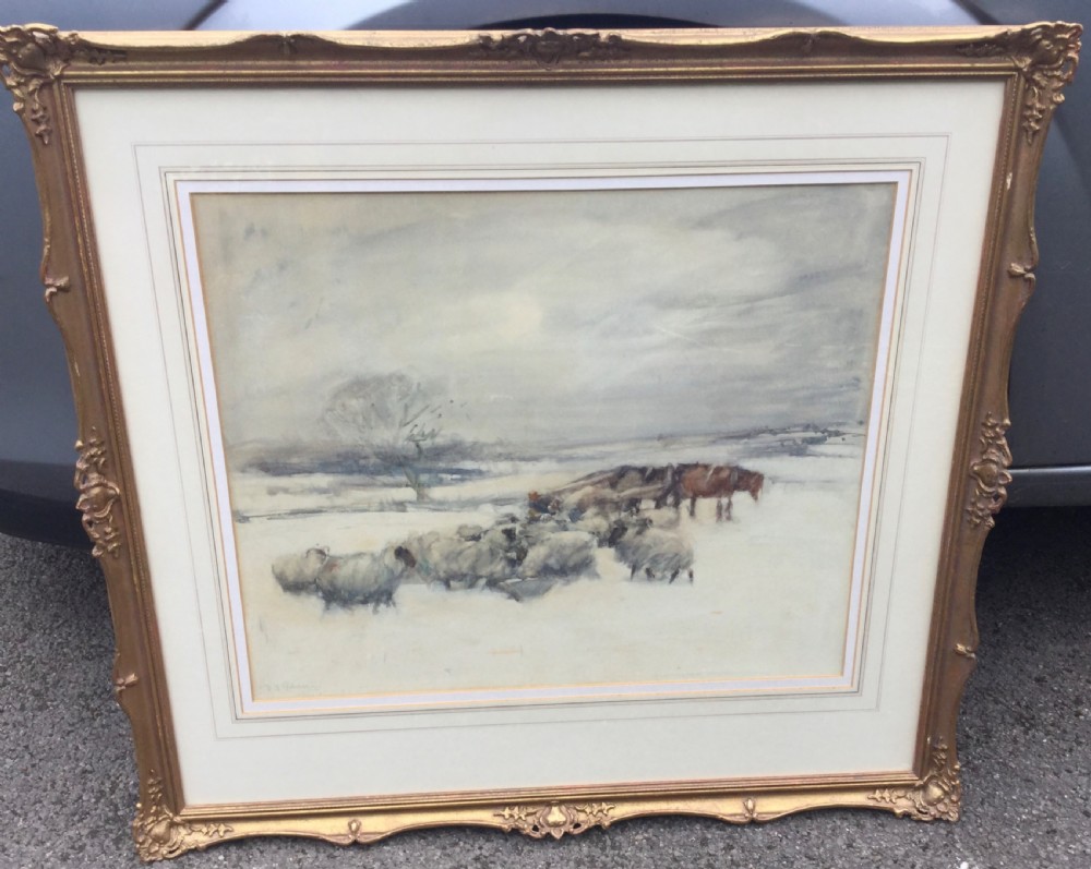 DAVID  THOMAS ROBERTSON WATERCOLOUR  ‘ FARMER FEEDING SHEEP IN THE SNOW’ View II