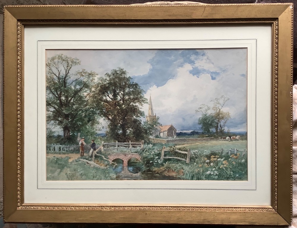 A Victorian watercolour painting depicting a rural landscape with a church spire, stone bridge, trees, figures, and a cloudy sky. View II