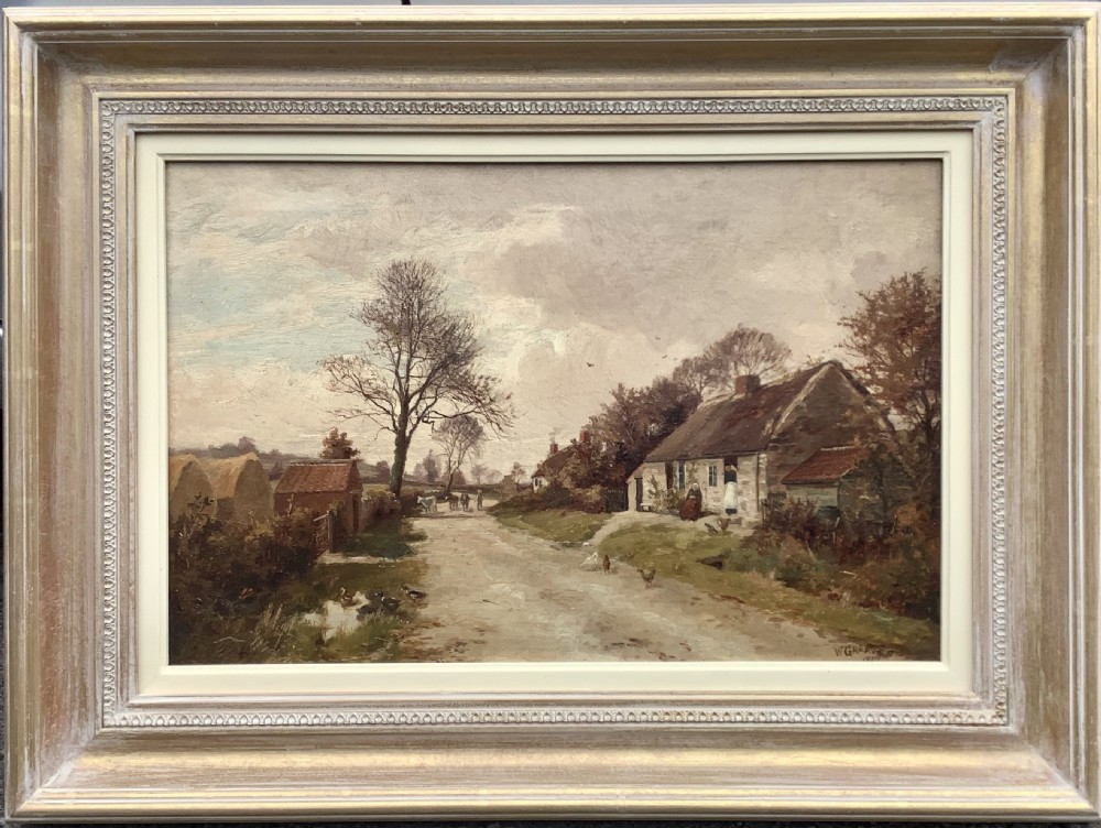 WILLIAM GREAVES OIL PAINTING ‘ RURAL LANDSCAPE WITH FIGURES,CATTLE ,DUCKS AND HENS’