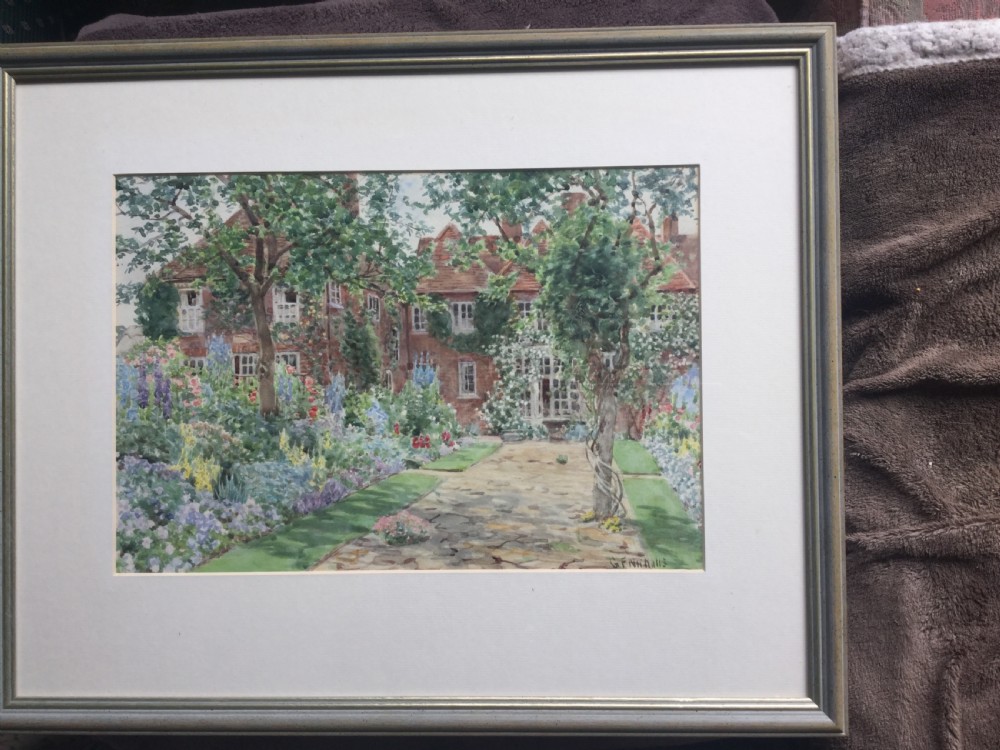 A watercolour painting depicting a red brick English country house behind a stone path flanked by vibrant summer flower beds. View II