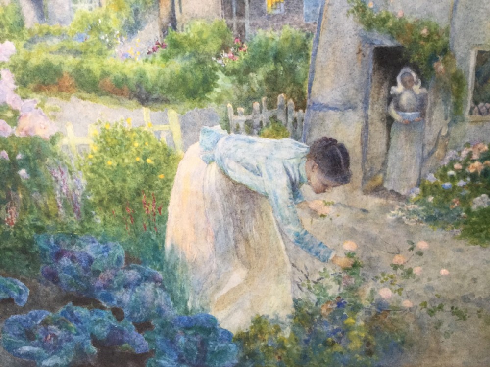 DAVID WOODLOCK WATERCOLOUR ‘ PICKING FLOWERS AT SUNSET IN A COTTAGE GARDEN’ View II
