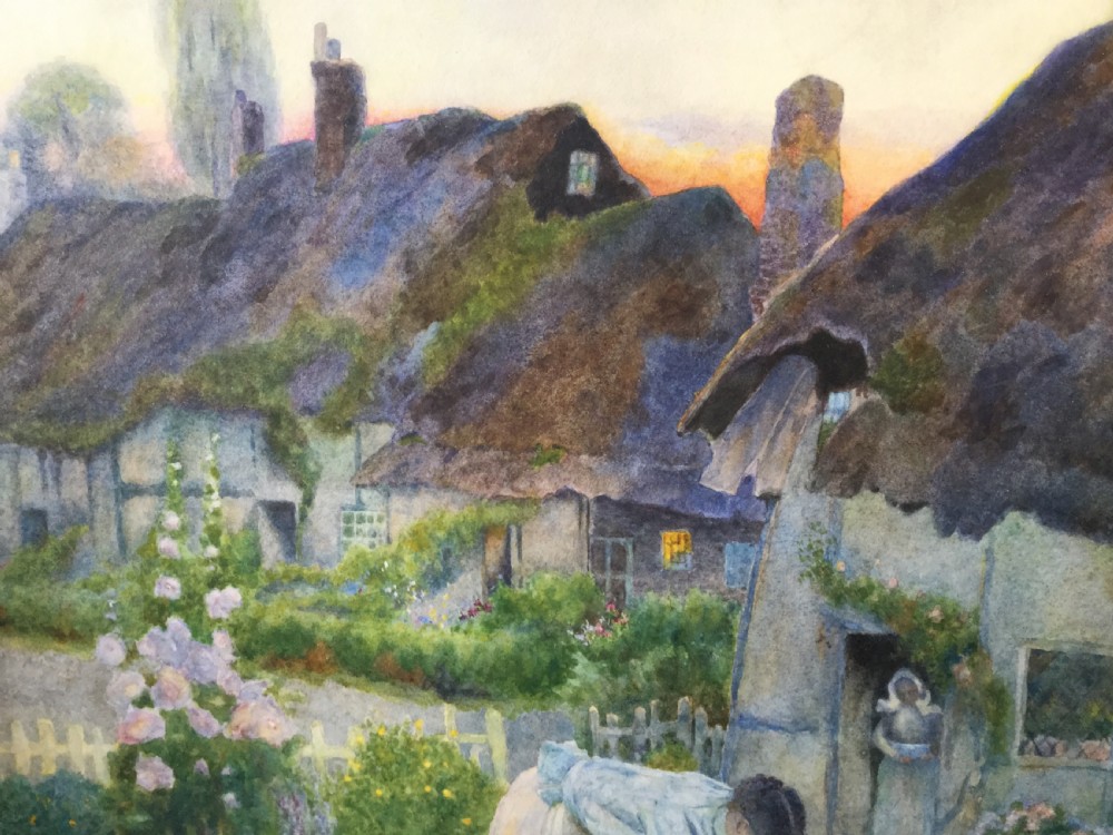 DAVID WOODLOCK WATERCOLOUR ‘ PICKING FLOWERS AT SUNSET IN A COTTAGE GARDEN’ View III