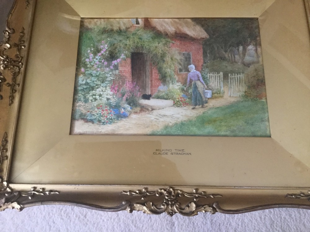 A pair of watercolour paintings depicting thatched brick cottages with colourful garden flowers and rural figures. View VI
