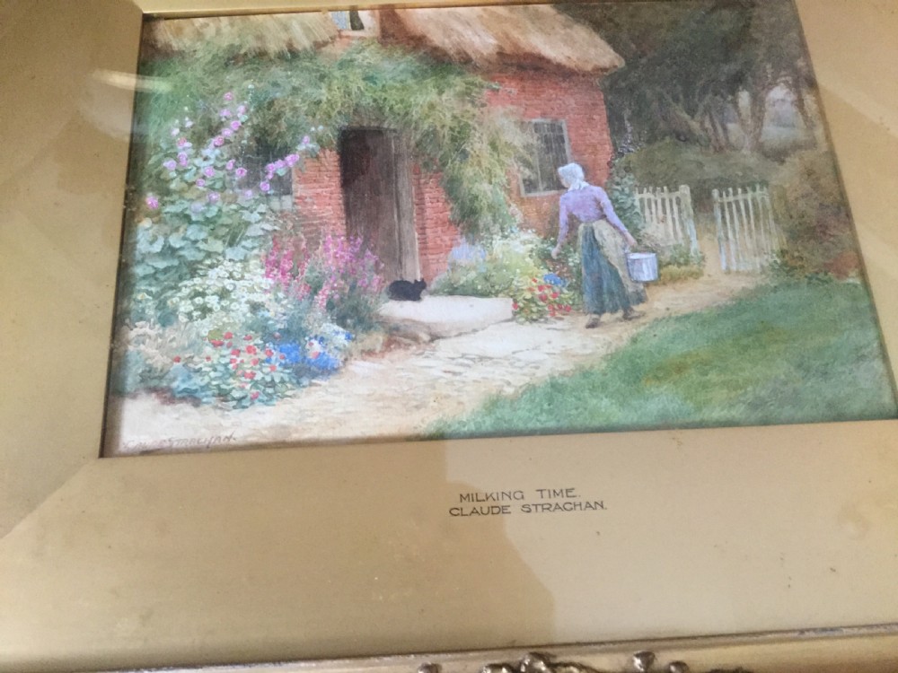 A pair of watercolour paintings depicting thatched brick cottages with colourful garden flowers and rural figures. View VII