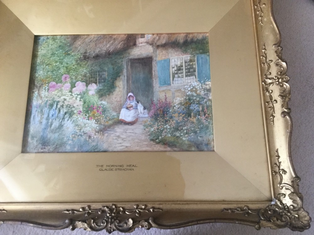 A pair of watercolour paintings depicting thatched brick cottages with colourful garden flowers and rural figures. View VIII