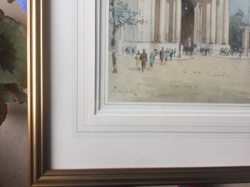 A watercolour painting depicting Wellington Arch in London with figures walking past beneath a soft light blue and grey sky. View III