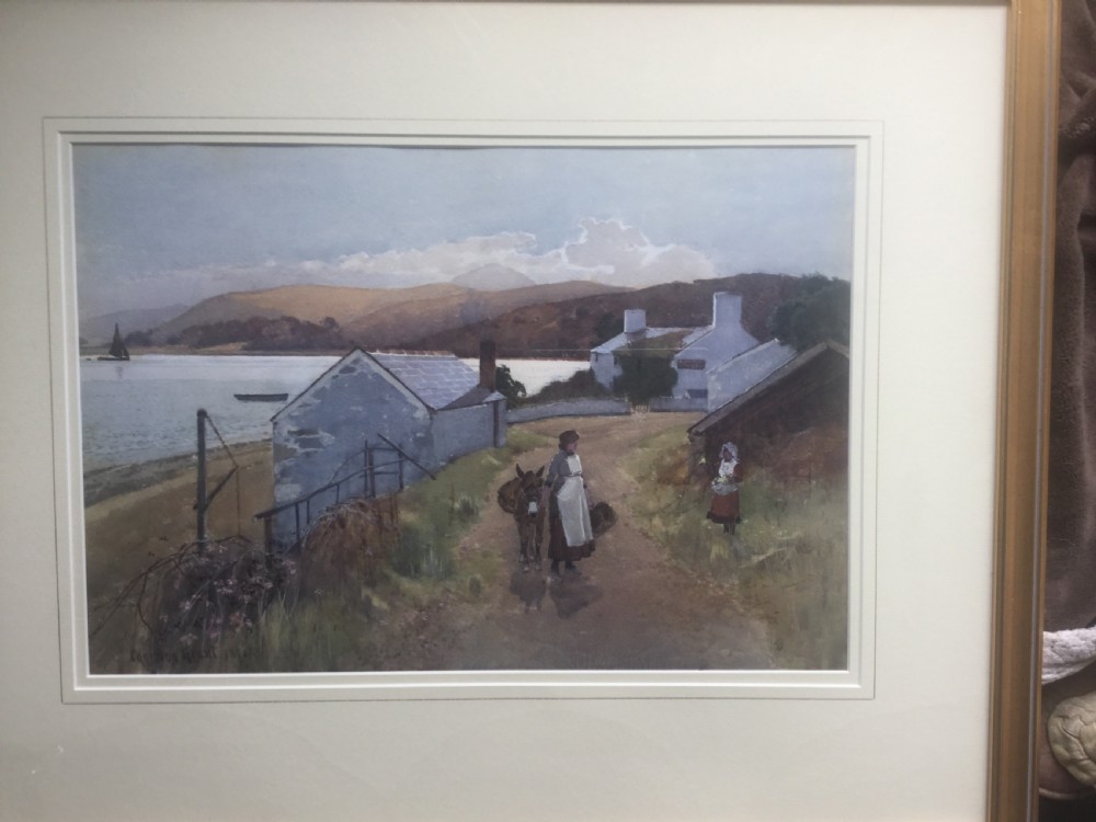 A 19th-century watercolour painting depicting a woman leading a donkey along a coastal dirt path past whitewashed cottages in North Wales. View II