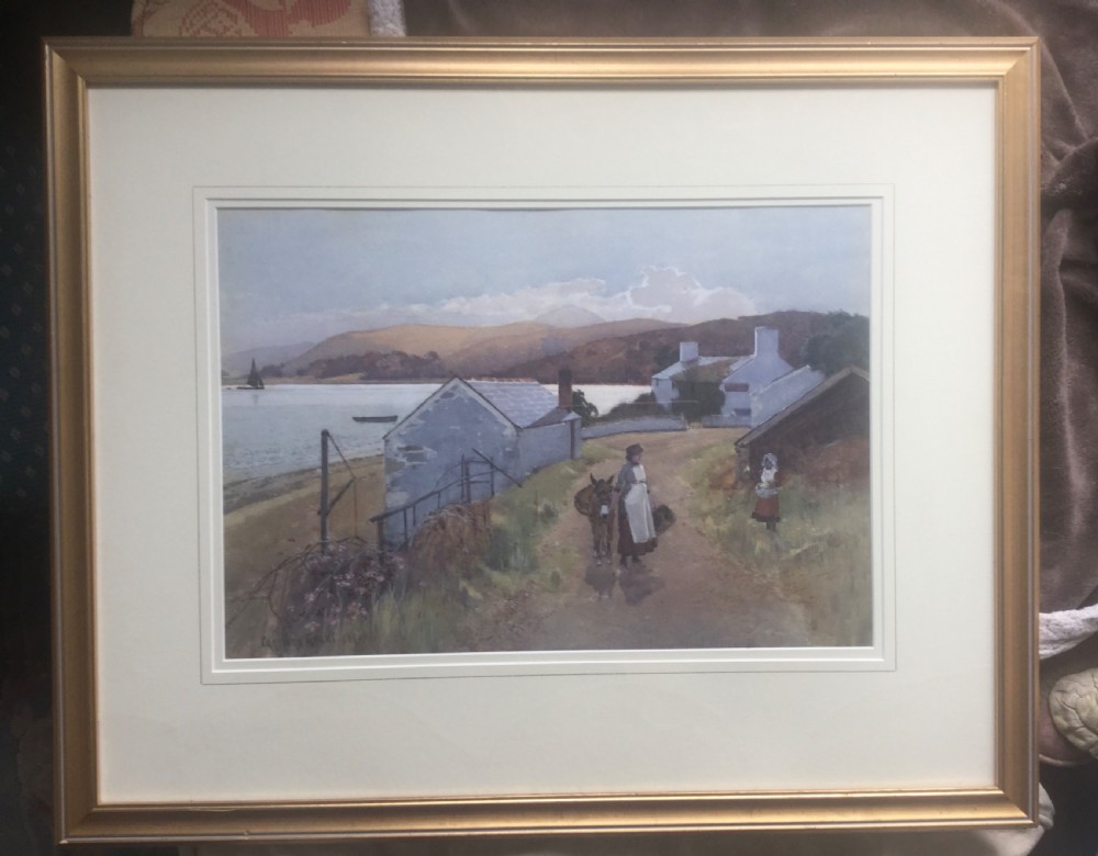 A 19th-century watercolour painting depicting a woman leading a donkey along a coastal dirt path past whitewashed cottages in North Wales. View III