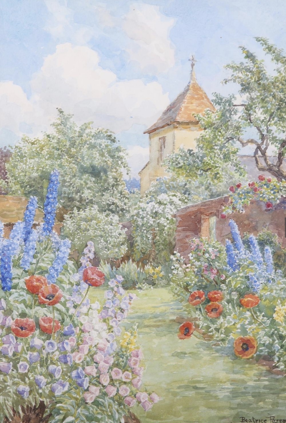 BEATRICE PARSONS WATERCOLOUR ‘ A SUMMER  HERBACEOUS BORDER IN A WALLED GARDEN ,FAIRWARP,EAST SUSSEX’