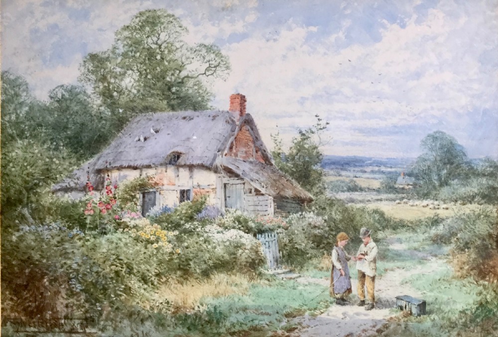 A watercolour painting depicting a thatched English cottage surrounded by gardens with two children holding a rabbit on a dirt path.