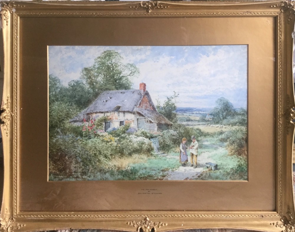 A watercolour painting depicting a thatched English cottage surrounded by gardens with two children holding a rabbit on a dirt path. View IV