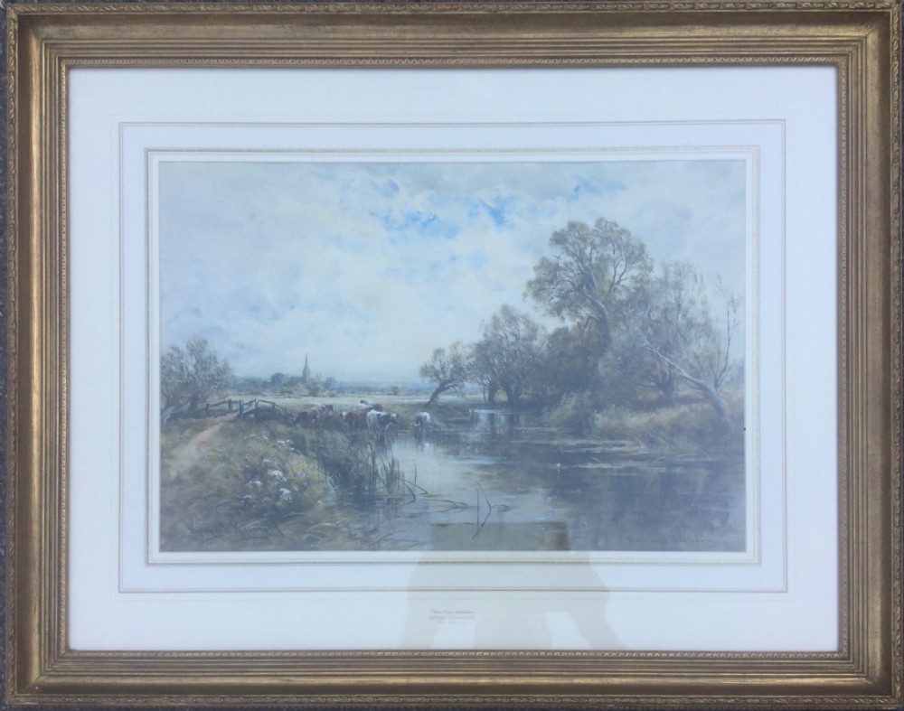 A Victorian watercolour landscape depicting cattle watering in a river with trees, a distant church spire, and a cloudy blue sky. View II