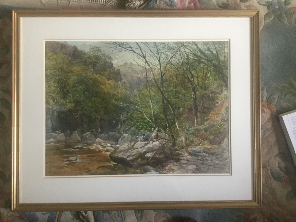 A 19th-century Victorian watercolour painting depicting a wooded river gorge in Devon with rocks, foliage, and figures near the water. View II