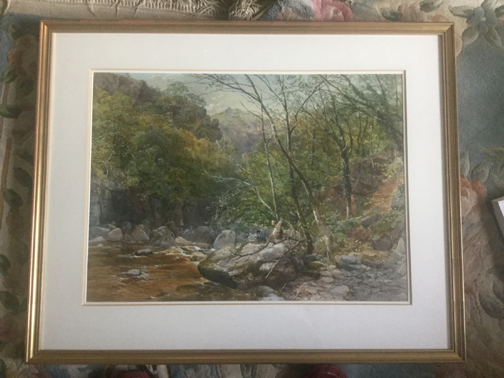A 19th-century Victorian watercolour painting depicting a wooded river gorge in Devon with rocks, foliage, and figures near the water. View III