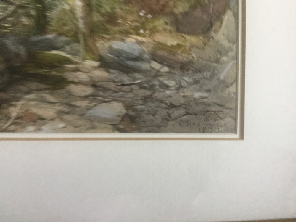 A 19th-century Victorian watercolour painting depicting a wooded river gorge in Devon with rocks, foliage, and figures near the water. View IV